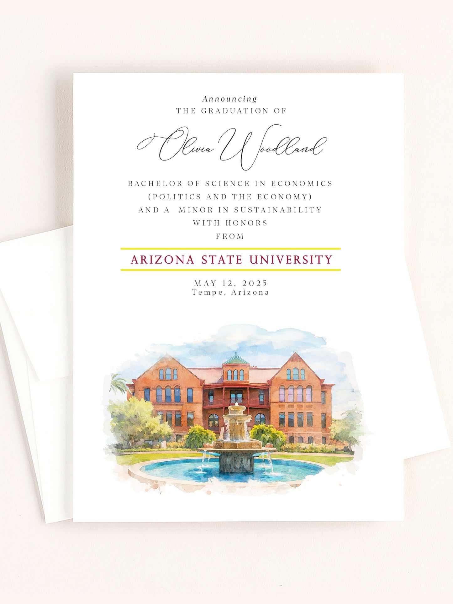 Arizona State University Graduation Announcements – Custom ASU Grad Cards, Hand-Drawn Campus Watercolor (Set of 25)