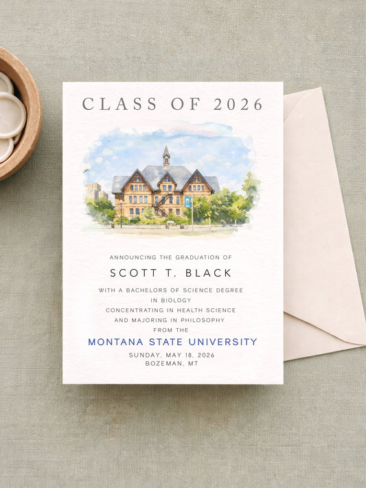 Montana State University Graduation Announcements 2026, Custom Watercolor MSU Grad Cards (Set of 25)