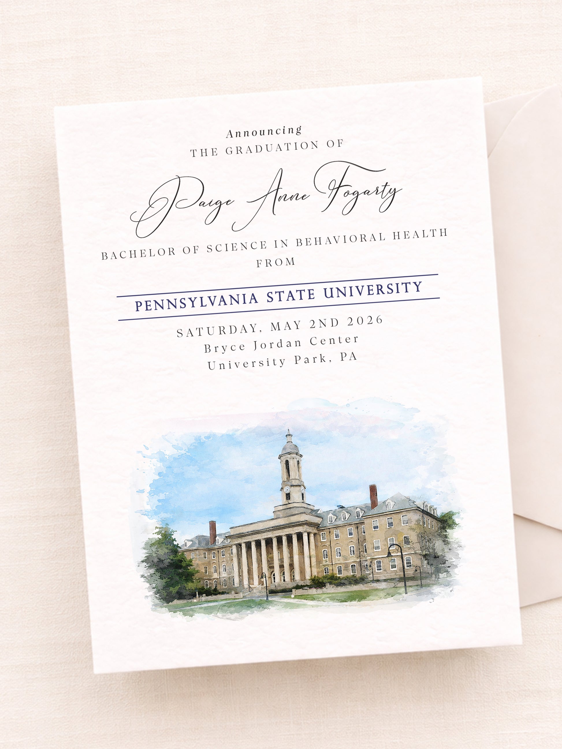 Graduation announcement with Pennsylvania State University's campus illustration on a white background
