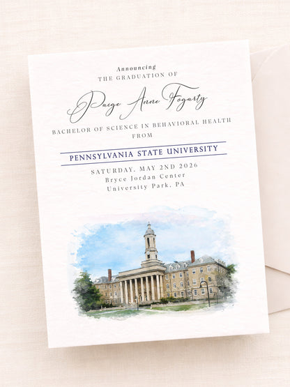 Graduation announcement with Pennsylvania State University's campus illustration on a white background