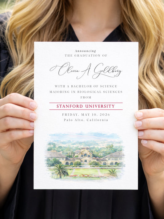Graduation announcement held by a person with Stanford University and a building illustration.