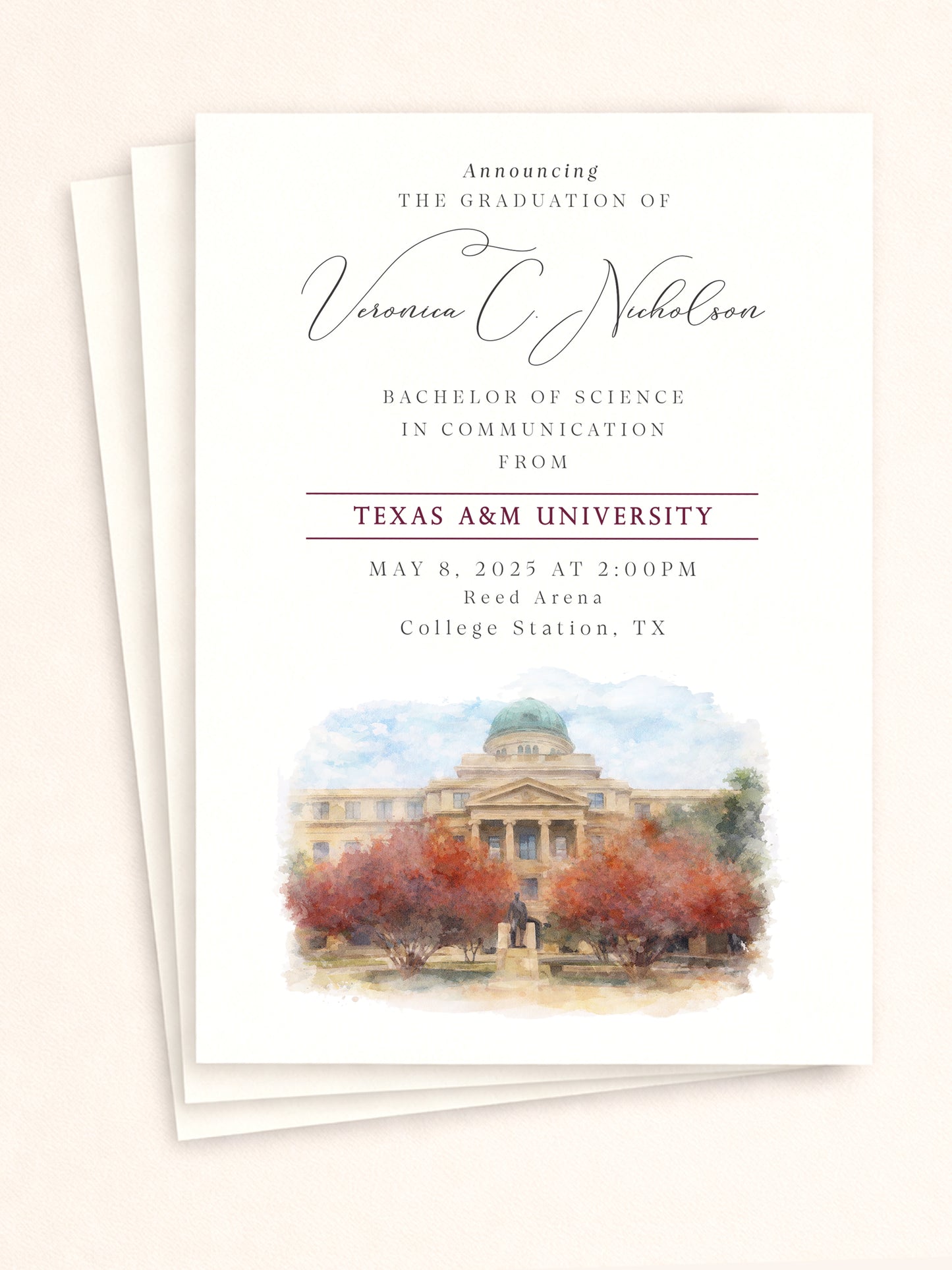 Texas A&M graduation announcements watercolor campus illustration
