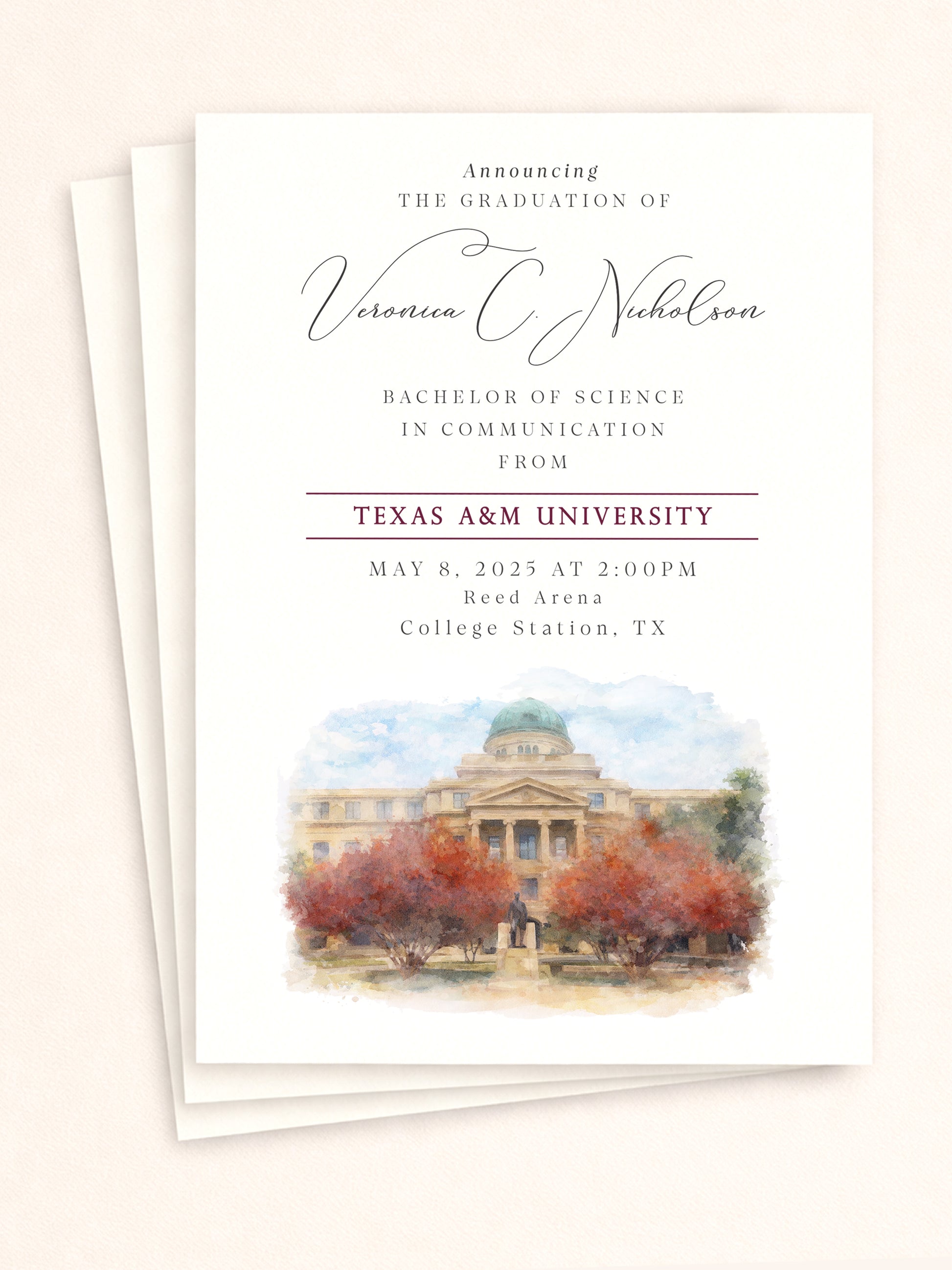 Texas A&M graduation announcements watercolor campus illustration