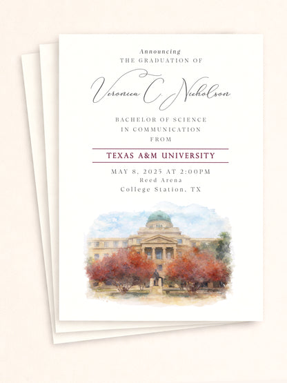Texas A&M graduation announcements watercolor campus illustration