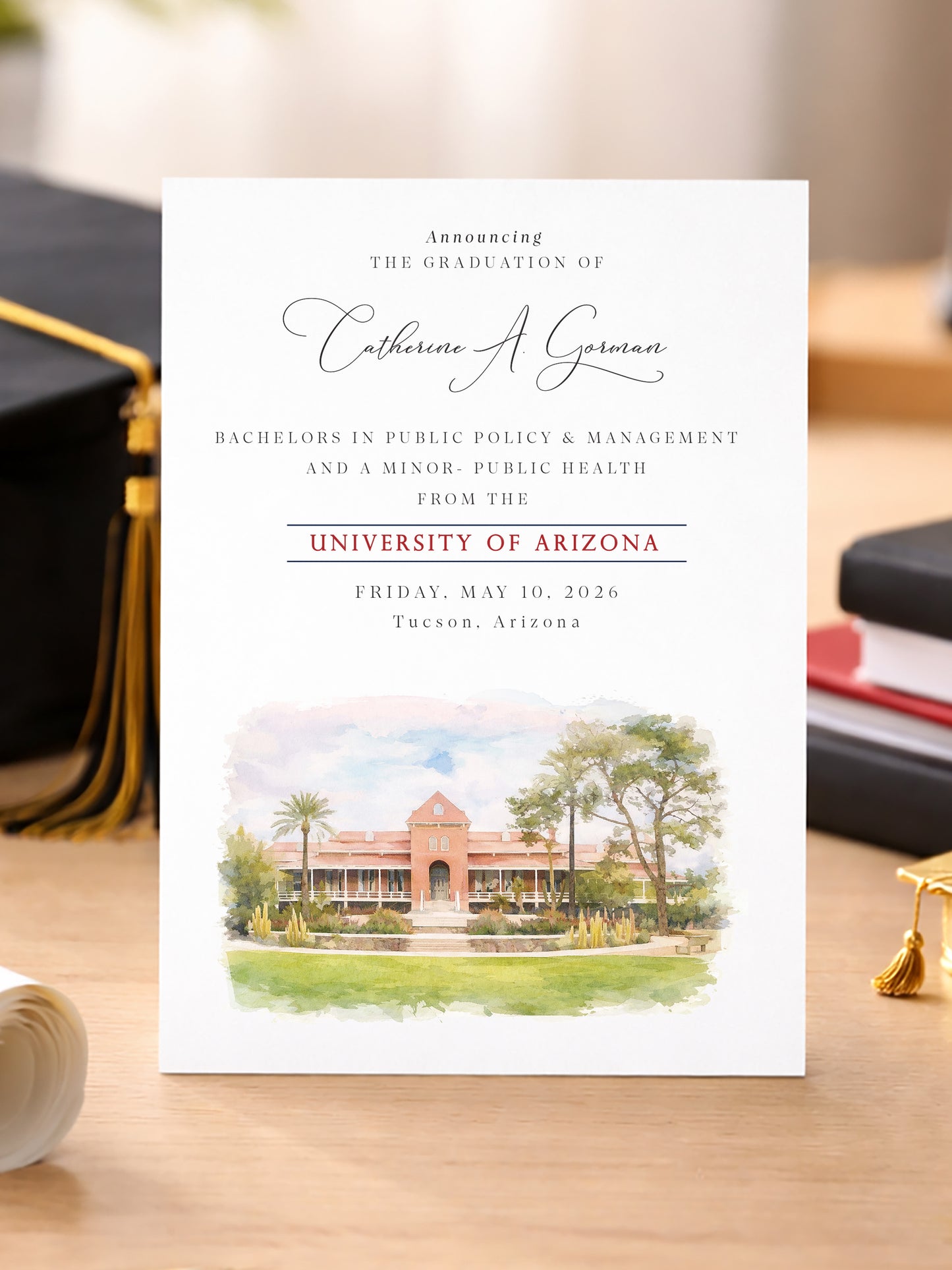 University of Arizona Grad Announcements, Custom Watercolor Graduation Cards (Set of 25)
