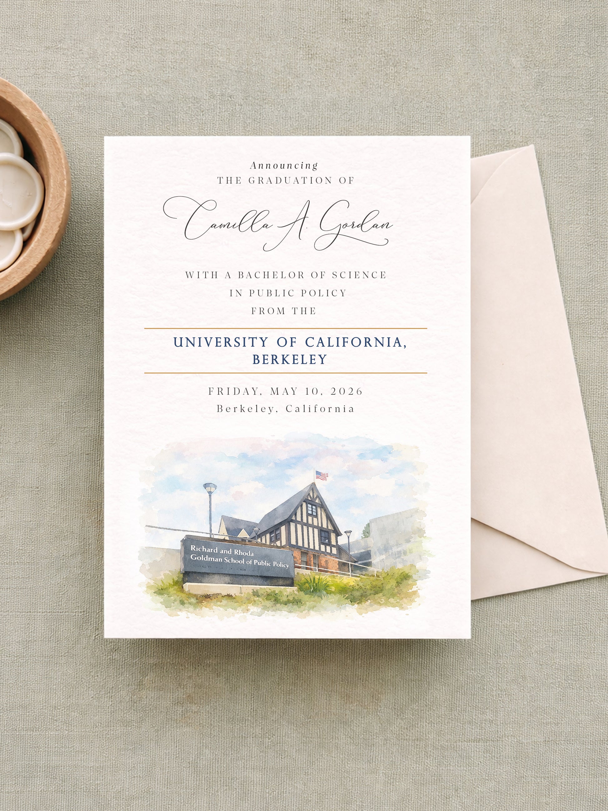 UC Berkeley Goldman School graduation announcement card