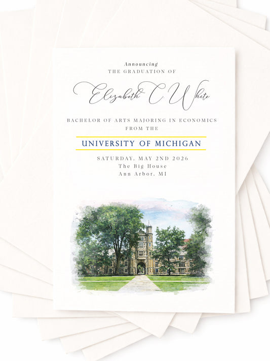 University of Michigan Graduation Announcements – Custom Michigan Grad Cards, UM Graduation Invitations, Watercolor Campus Design (Set of 25)
